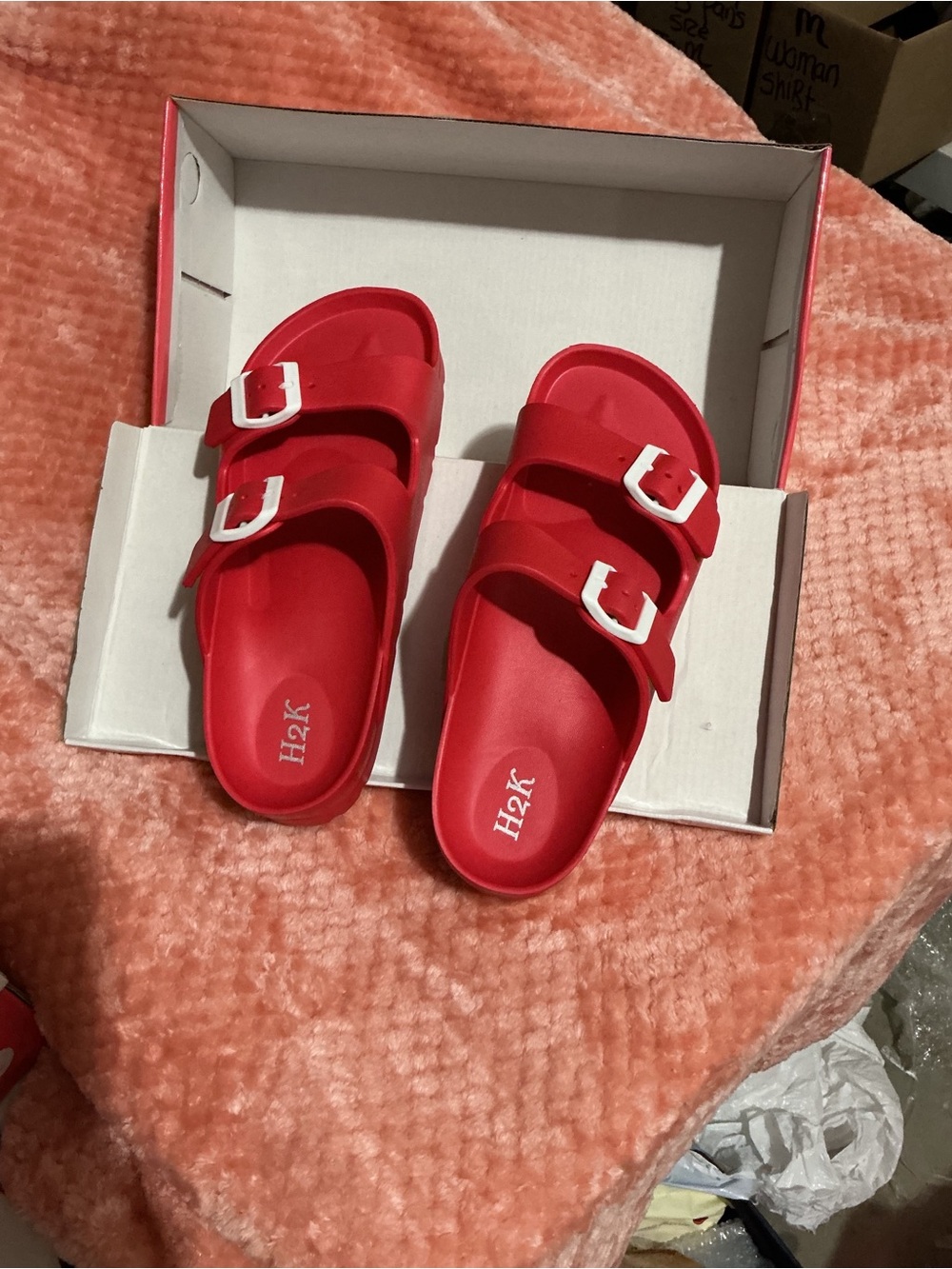 H2K Red Double Buckle Slide Sandals with White Buckles